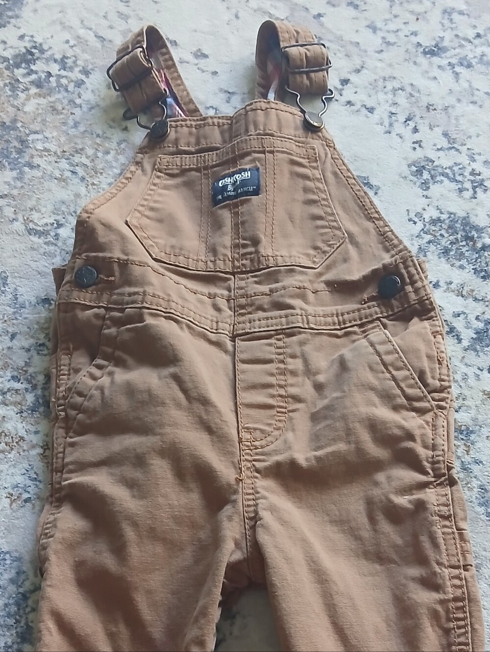 OshKosh B'gosh Tan Brown Overalls with Plaid Strap Lining
